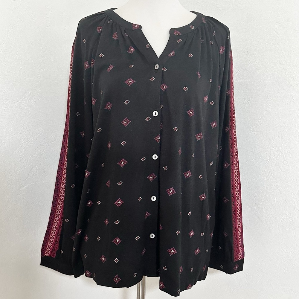 J Jill Top Womens Large Black Printed Knit Button-Front Blouse Peasant Boho NWT - Picture 2 of 10